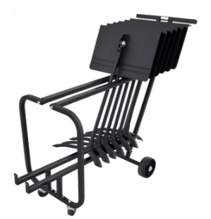 A black Manhasset standard music stand short cart designed to hold music stands, featuring a steel frame, polyethylene rail liners, and wheels.