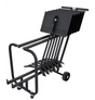 A black Manhasset standard music stand short cart designed to hold music stands, featuring a steel frame, polyethylene rail liners, and wheels.
