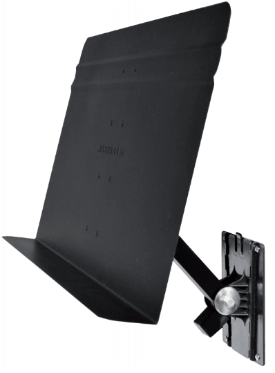 Black wall-mounted manhasset music stand with an adjustable desk and a stabilizing bar, designed for limited space environments.