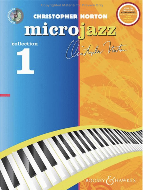 Cover of 'Microjazz Collection 1' book for cello and piano, featuring a stylized graphic of a cello and piano keys on a yellow and orange background.