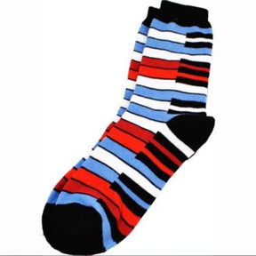 Colorful striped socks with red, blue, black, and white on a white background