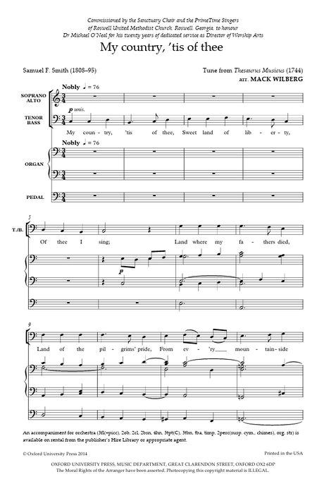 Sheet music for 'My country, 'tis of thee' with musical notation and text by mack wilberg