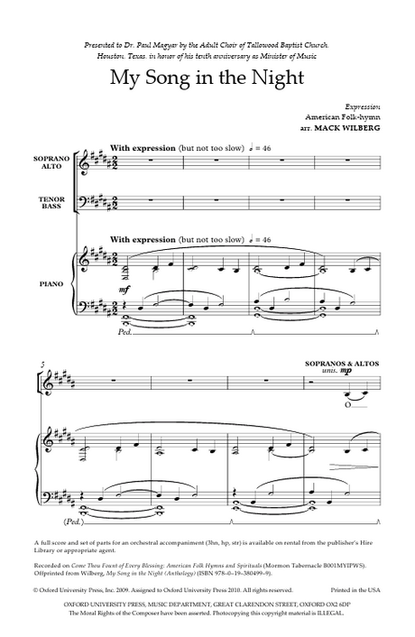 My song in the night by mack wilberg sheet music arrangement for choir