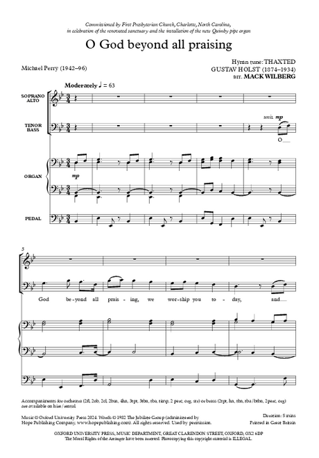 Sheet music for a musical piece titled 'O God beyond all praising' with text and musical notation by mack wilberg