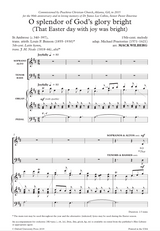 Sheet music for a religious piece titled 'O splendor of God's glory bright' with musical notation and text.