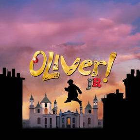 Promotional image for 'Oliver! Jr.' with a silhouette of a person running and a cityscape background.