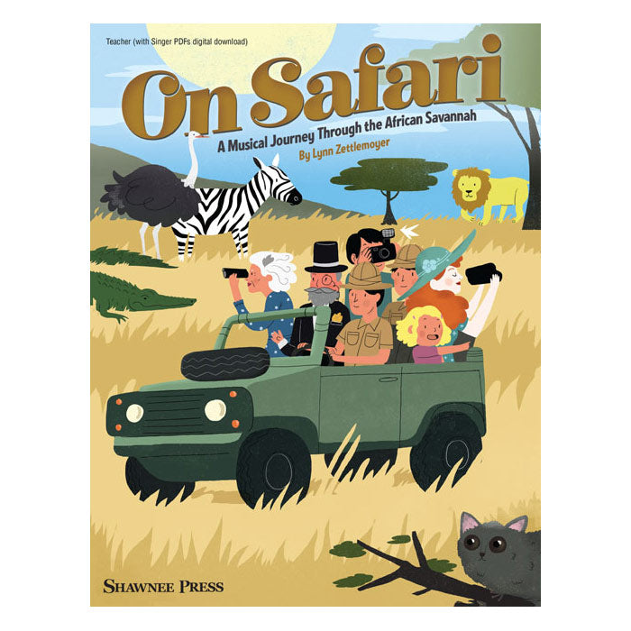 Book cover of 'On Safari' with a safari scene and vehicle.