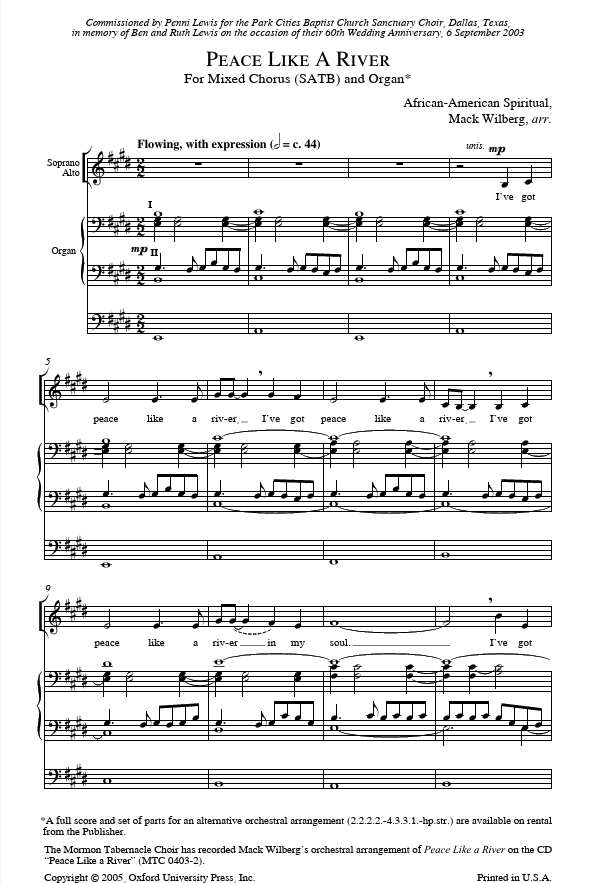 Sheet music for 'Peace Like a River' by African American Spiritual, arranged by Mark Wilberg, with lyrics and musical notation.