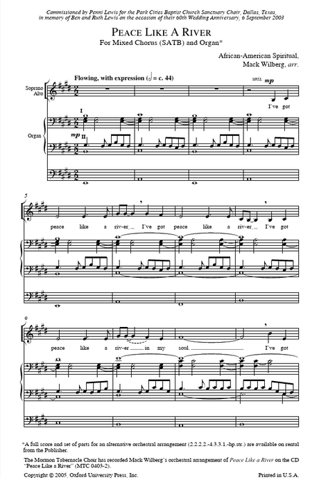 Sheet music for 'Peace Like a River' by African American Spiritual, arranged by Mark Wilberg, with lyrics and musical notation.