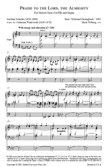 Sheet music for 'Praise to the Lord, the Almighty' by Johann Sebastian Bach with organ accompaniment.
