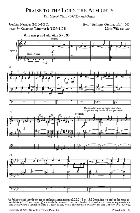 Sheet music for 'Praise to the Lord, the Almighty' by Johann Sebastian Bach with organ accompaniment.