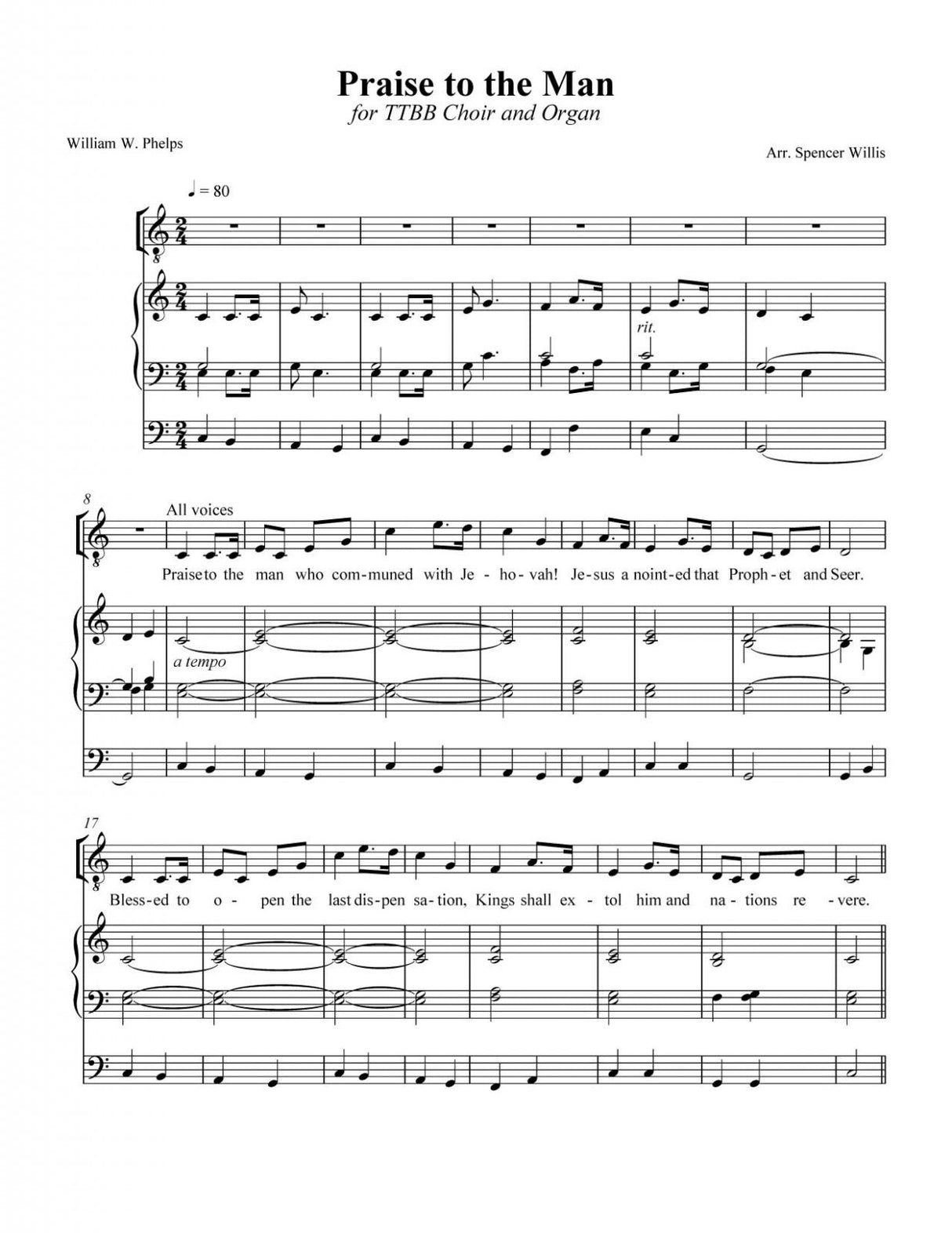 Praise to the man LDS hymn sheet music arrangement