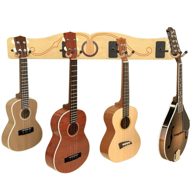 Guitar and mandolin holder with four instruments on a white background