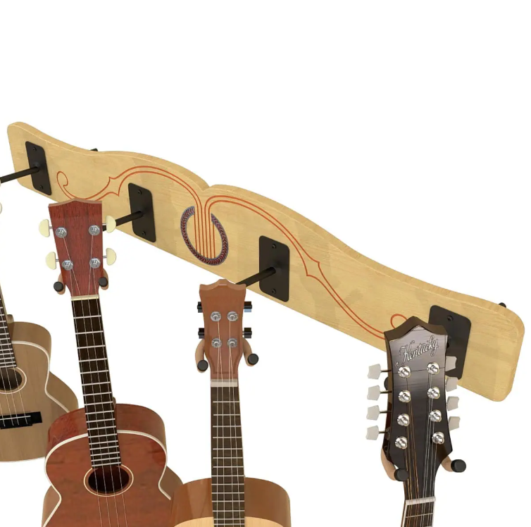 Wooden guitar headstock holder with four guitars attached on a white background