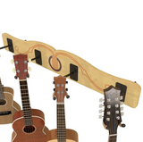 Wooden guitar headstock holder with four guitars attached on a white background