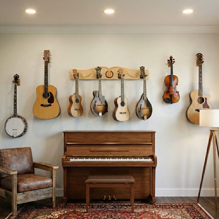 Music-themed room with guitars, banjo, and piano against a wall.