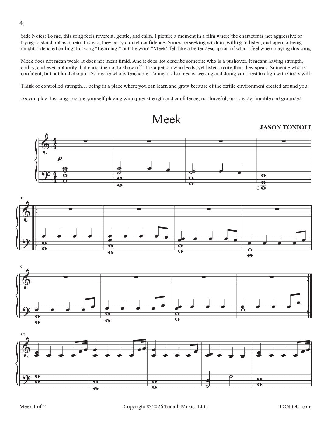 Quiet Thoughts: Easier Originals Vol. 1 by Jason Tonioli – Piano Solos