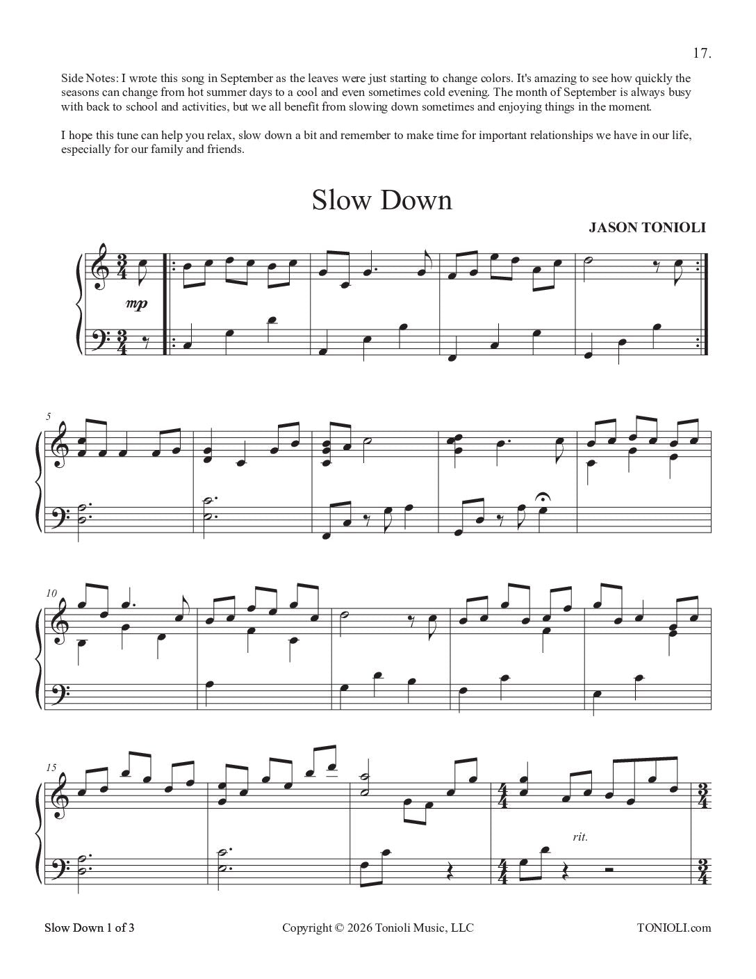 Quiet Thoughts: Easier Originals Vol. 1 by Jason Tonioli – Piano Solos