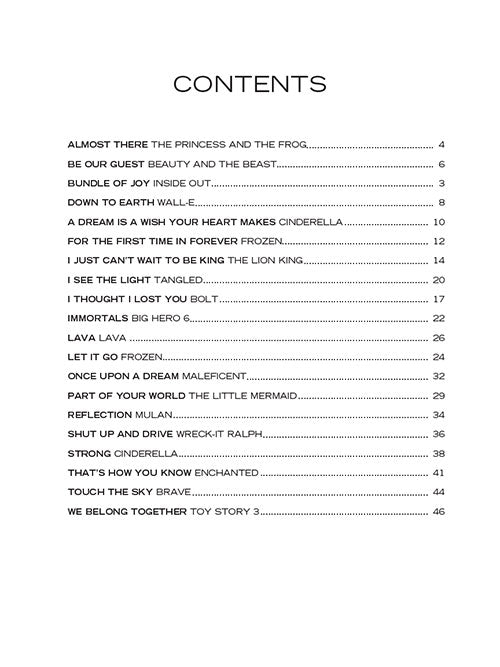 Table of contents list for a collection of animated movie songs on a white background