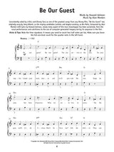 Sheet music for 'Be Our Guest' with lyrics and piano notes.