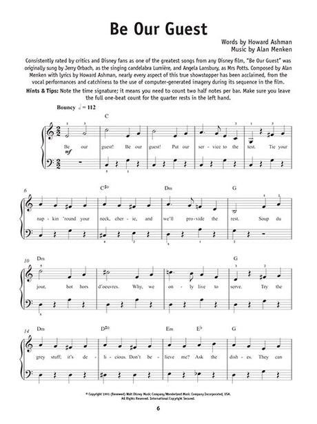 Sheet music for 'Be Our Guest' with lyrics and piano notes.