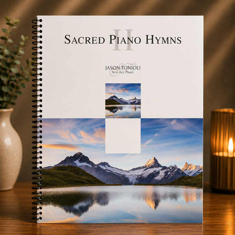 Book titled 'Sacred Piano Hymns II' by Jason Toniolli with mountain and lake cover design on a wooden surface.