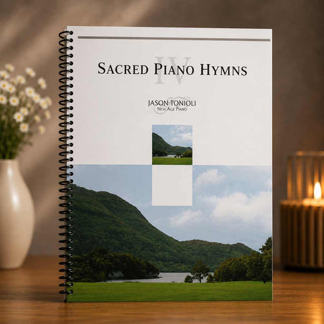 Book titled 'Sacred Piano Hymns' by Jason Tonioli with a scenic cover on a wooden surface.