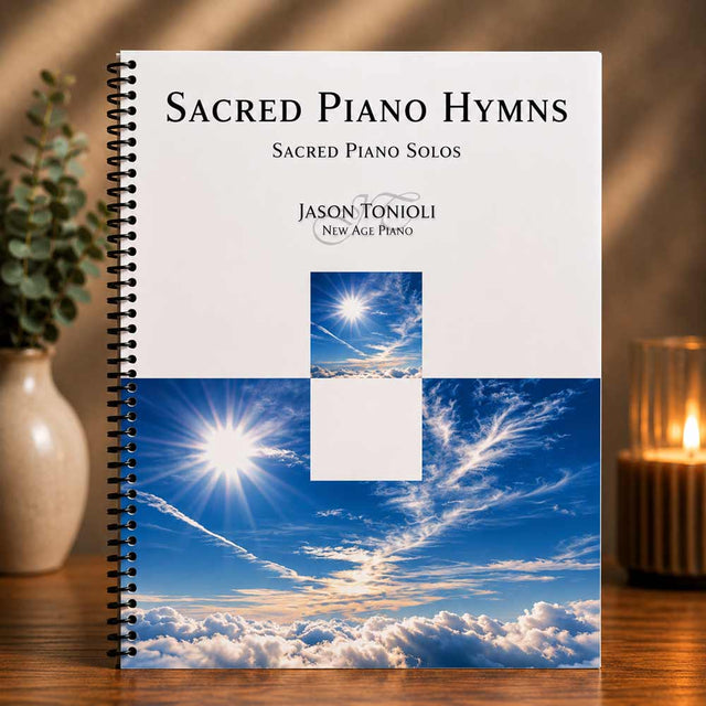 Music book titled 'Sacred Piano Hymns' by Jason Tonioli on a wooden surface with a decorative background.