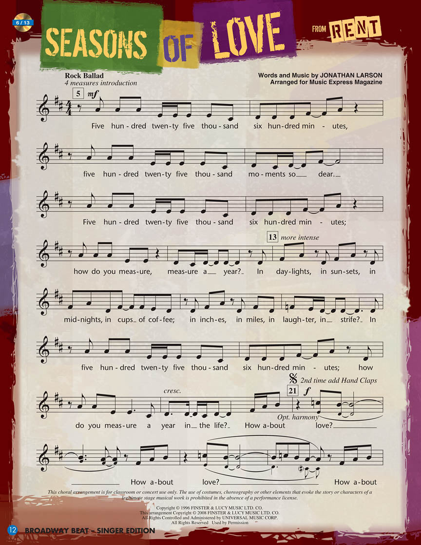 Sheet music for 'Seasons of Love' from Rent with colorful title banner