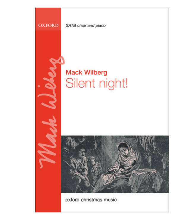 Cover of the sheet music book 'Silent Night' by Mack Wilberg, with an illustration of two figures gazing towards a shining star.
