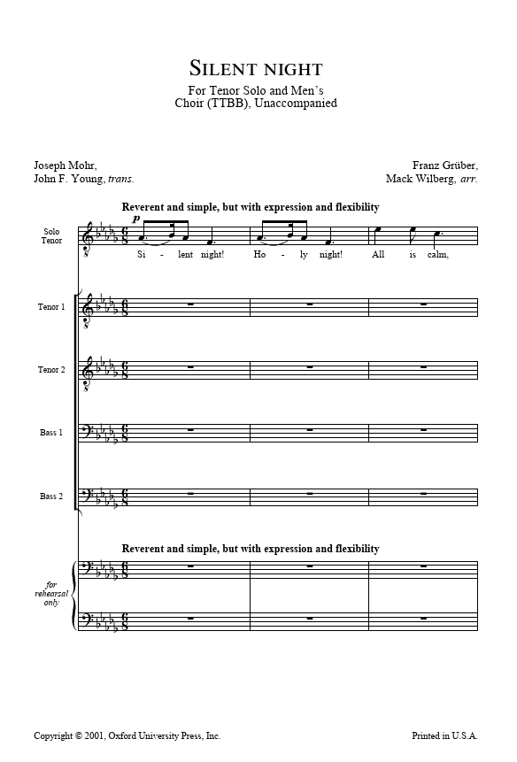 Sheet music for 'Silent Night' with vocal parts and accompaniment notes.