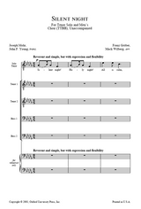 Sheet music for 'Silent Night' with vocal parts and accompaniment notes.