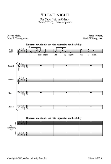 Sheet music for 'Silent Night' with vocal parts and accompaniment notes.