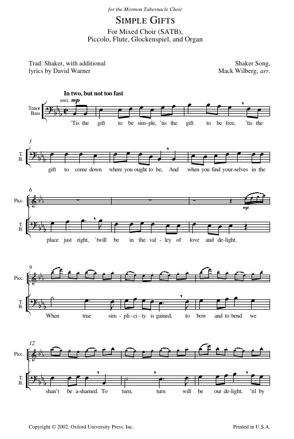 Sheet music for 'Simple Gifts' by Shaker, with lyrics and musical notation.
