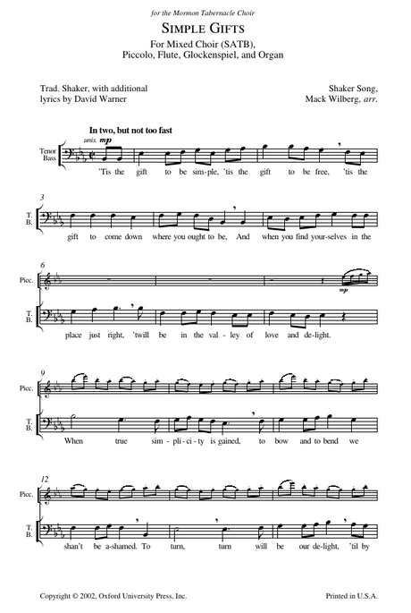 Sheet music for 'Simple Gifts' by Shaker, with lyrics and musical notation.