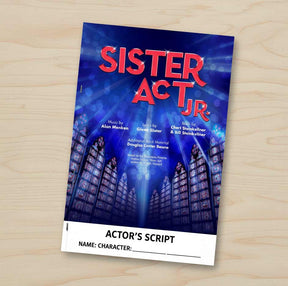 Script cover for 'Sister Act Jr.' on a wooden surface