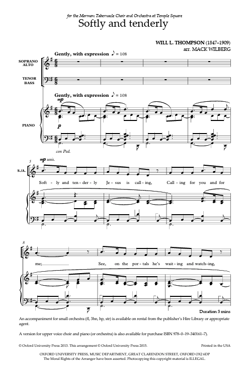 Sheet music for a choral piece titled 'Softly and tenderly' by Will L. Thompson, arranged by Mack Wilberg.