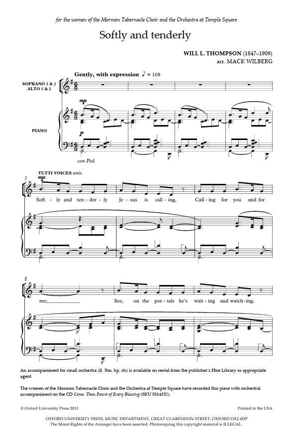 Sheet music for a piece titled 'Softly and tenderly' by Will L. Thompson, arranged by Mack Wilberg.