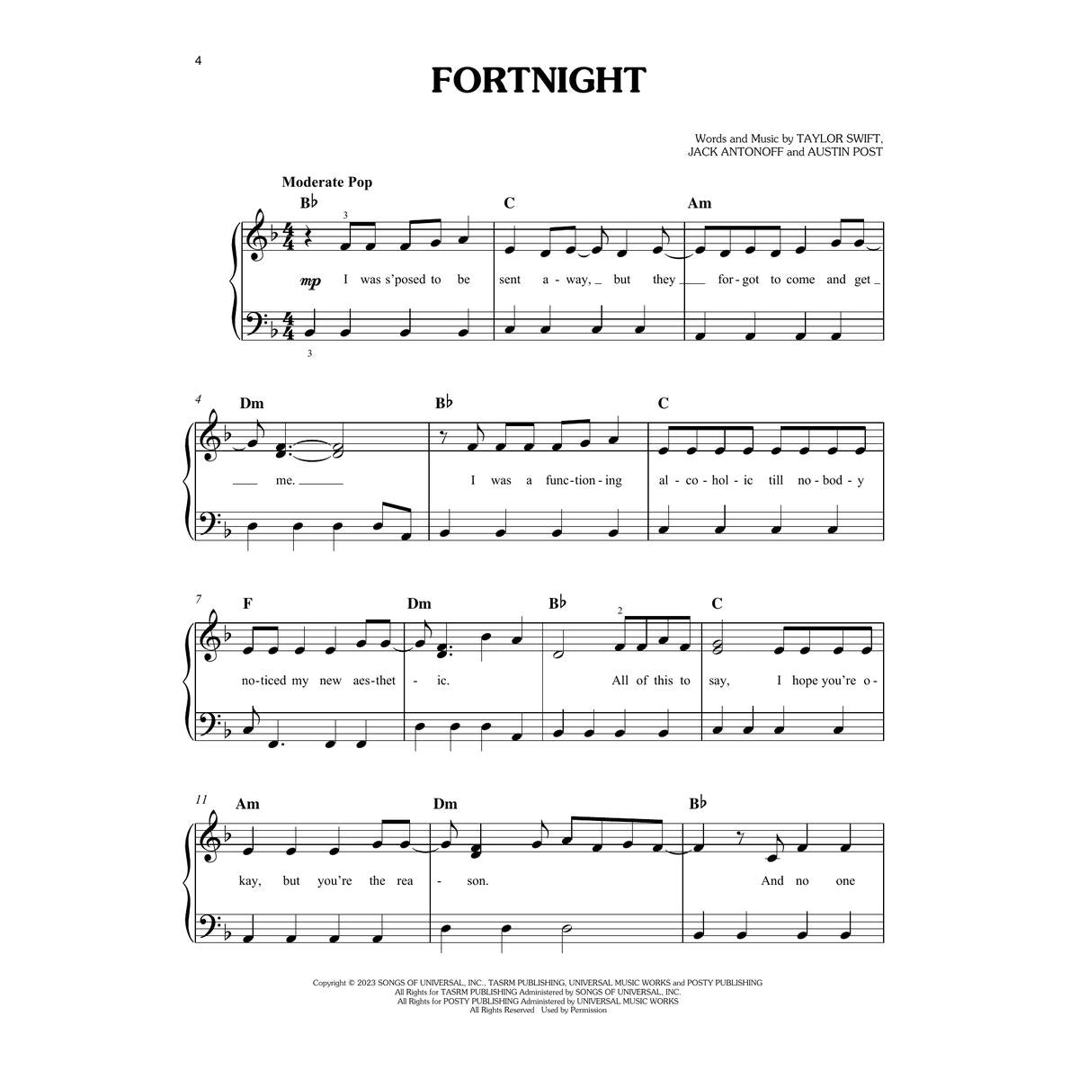 taylor siwft sheet music for fortnight for piano