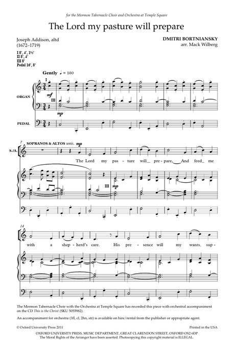 Sheet music for 'The Lord my pasture will prepare' by Dmitri Bortniansky arranged by Mack Wilberg.