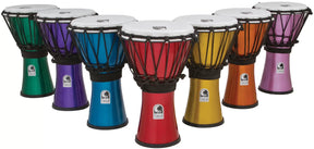 A set of Toca Percussion Freestyle Color Sound Djembes in various metallic and pastel colors, featuring a seamless synthetic shell and a synthetic head.