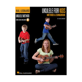 Cover of the 'Ukulele for Kids Method & Songbook' by Hal Leonard showing images of three children - two boys playing ukuleles and a girl sitting and playing a ukulele. The cover also includes text and the Hal Leonard logo.