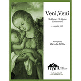 Cover of the sheet music book titled 'Veni, Veni (Oh Come Oh Come Emmanuel)' featuring an illustration of the Virgin Mary holding a baby.