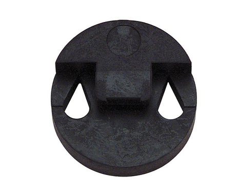 Black rubber violin or small viola mute designed to conform to the shape and curvature of the bridge.