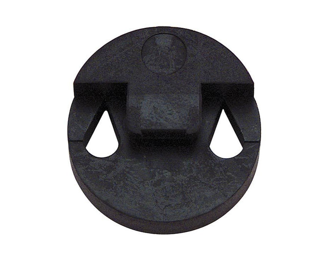 Black rubber violin or small viola mute designed to conform to the shape and curvature of the bridge.