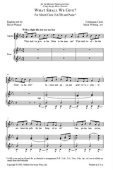 Sheet music for 'What Shall We Give?' with musical notation and text.