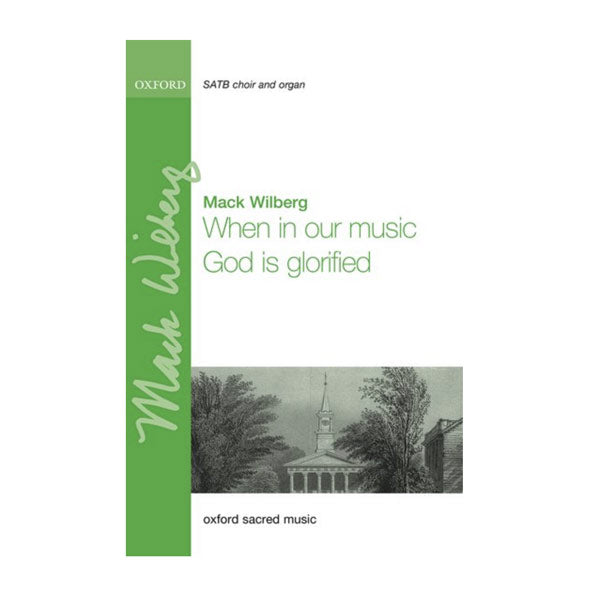 Music sheet cover with green vertical stripe and text about Mack Wilberg's composition.