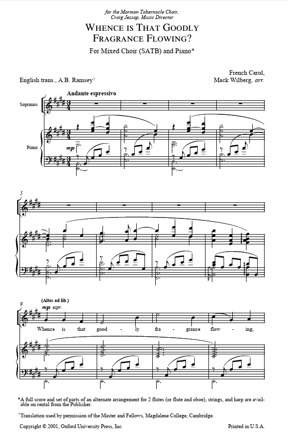 Sheet music for a mixed choir and piano titled 'Whence is That Goodly Fragrance Flowing?' by Mark Wilberg.
