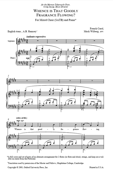 Sheet music for a mixed choir and piano titled 'Whence is That Goodly Fragrance Flowing?' by Mark Wilberg.