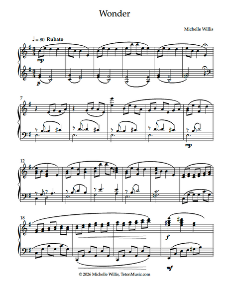 Sheet music for 'Wonder' by Michelle Willis with musical notation and composer's name.